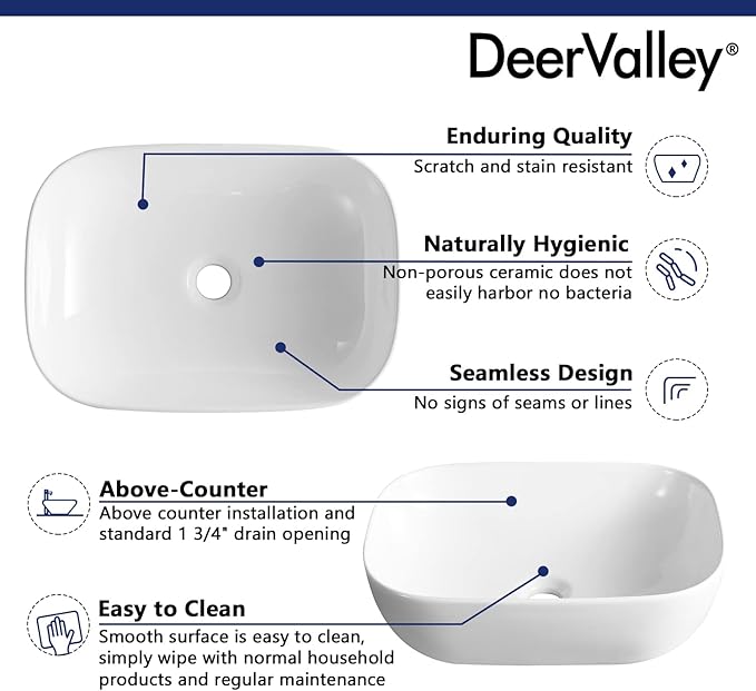 DeerValley Prism 19x15 Inch Rectangular Vessel Sink, White Porcelain Ceramic Above Counter Bathroom Basin, DV-1V432