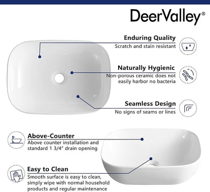 DeerValley Prism 19x15 Inch Rectangular Vessel Sink, White Porcelain Ceramic Above Counter Bathroom Basin, DV-1V432