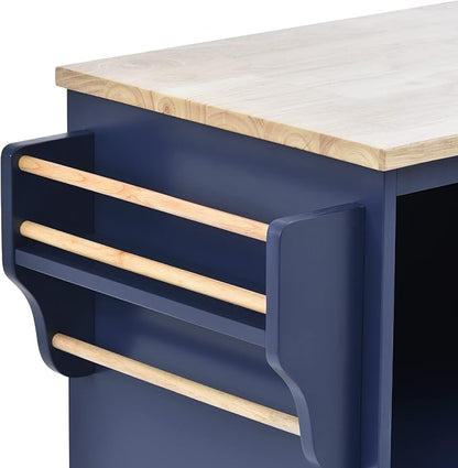 Kitchen Island Cart with Storage Cabinet and Two Locking Wheels, Microwave Cabinet, Solid Wood Desktop, Floor Standing Buffet Server Sideboard for Kitchen Room, Dining Room, Bathroom (Dark blue-JZP1)