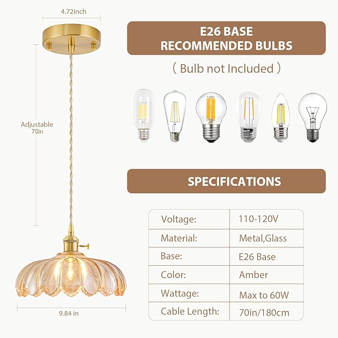 2 Pack Glass Pendant Lights Kitchen Island, Vintage Brass Pendant Light Fixtures, Adjustable Amber Kitchen Pendant Lighting Over Island for Bedroom Living Room Hallway Dining Room