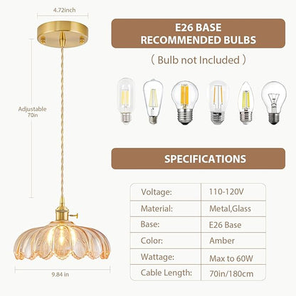 2 Pack Glass Pendant Lights Kitchen Island, Vintage Brass Pendant Light Fixtures, Adjustable Amber Kitchen Pendant Lighting Over Island for Bedroom Living Room Hallway Dining Room