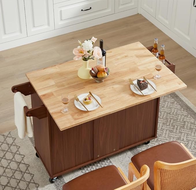 Rolling Kitchen Island Cart with Drop Leaf Countertop,Storage Cabinet and Tower Rack,Barn Door Kitchen Island Table On Mobile Wheels for Kitchen (Brown@e)