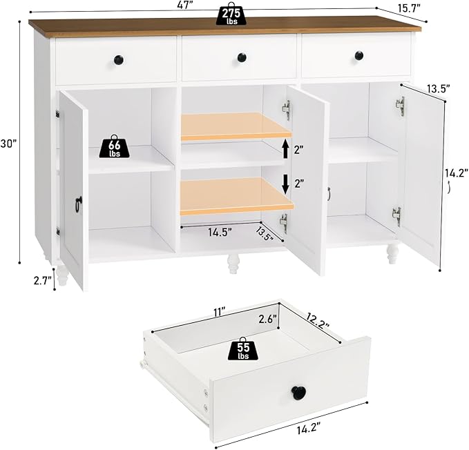 4 EVER WINNER Sideboard Buffet Cabinet with Storage, 47" Kitchen Sideboard with 3 Drawers and 3 Doors, Buffet Table for Kitchen, Modern Dining Room Cabinet, White