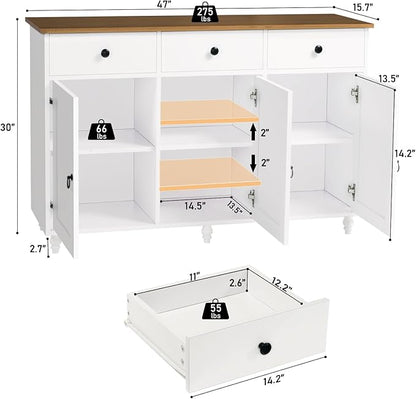 4 EVER WINNER Sideboard Buffet Cabinet with Storage, 47" Kitchen Sideboard with 3 Drawers and 3 Doors, Buffet Table for Kitchen, Modern Dining Room Cabinet, White
