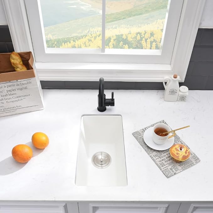 White Bar Sink Undermount-VASOYO 12x16 Inch Small Kitchen Sink Undermount Wet Bar Sinks White Quartz Single Bowl Deep Outdoor Rv Sinks Mini Basin with Bottom Grid