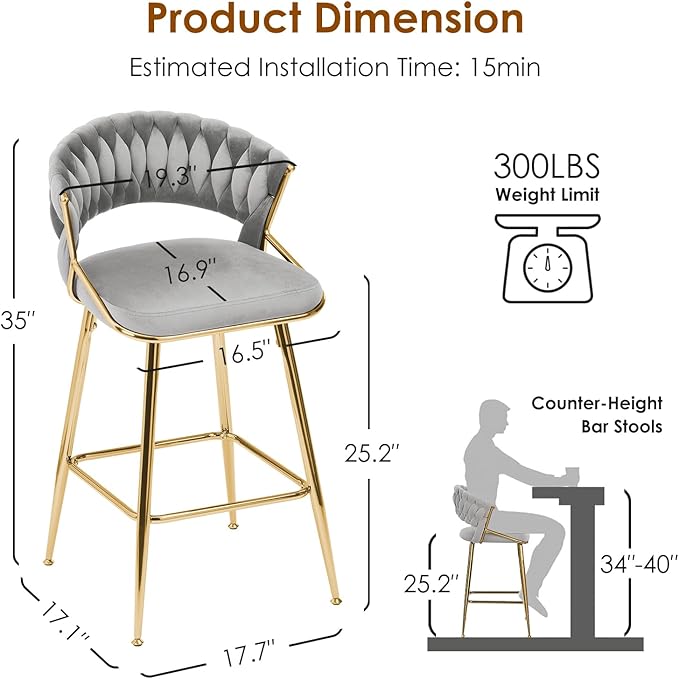 25.2" Velvet Counter Stool with Gold Accents, Ergonomic Plush Seat for Kitchen Island Bar