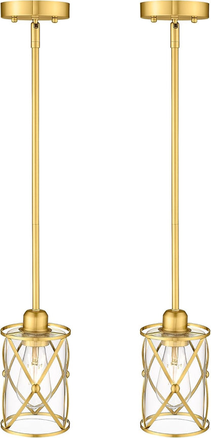 Brushed Gold Pendant Lights Kitchen Island, 2 Pack Brass Glass Pendant Light Fixture Farmhouse Cage Hanging Lighting with Rod for Kitchen Island Sink Bathroom, CH9176BG-2PKG