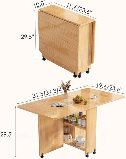 Kavie Solid Wood Folding Dining Table with Wheels, Expandable Mobile Kitchen Island with Storage Shelf, Space Saving Table for Apartment Living Room (Natural,39.3" L*23.6" W*29.5" H)