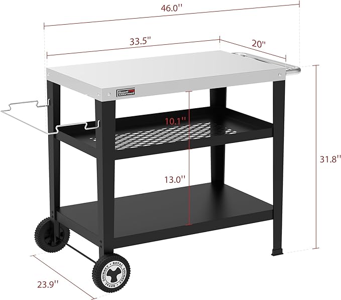 Royal Gourmet PC3404S Rolling Dining Table with Trash Bag Holder, Outdoor Garden Patio BBQ Kitchen Food Prep Table Cart, 34"L x 20"W Stainless Steel Tabletop, Silver & Black