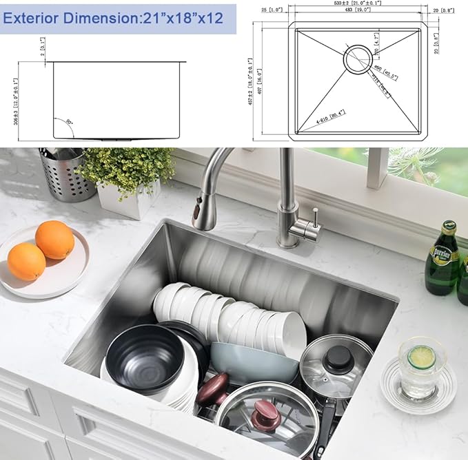 Stainless Steel Laundry Sink Undermount-Hovheir 21x18x12 Stainless Steel Utility Sink Undermount Sink 16 Gauge Single Bowl Deep Laundry Room Kitchen Sink