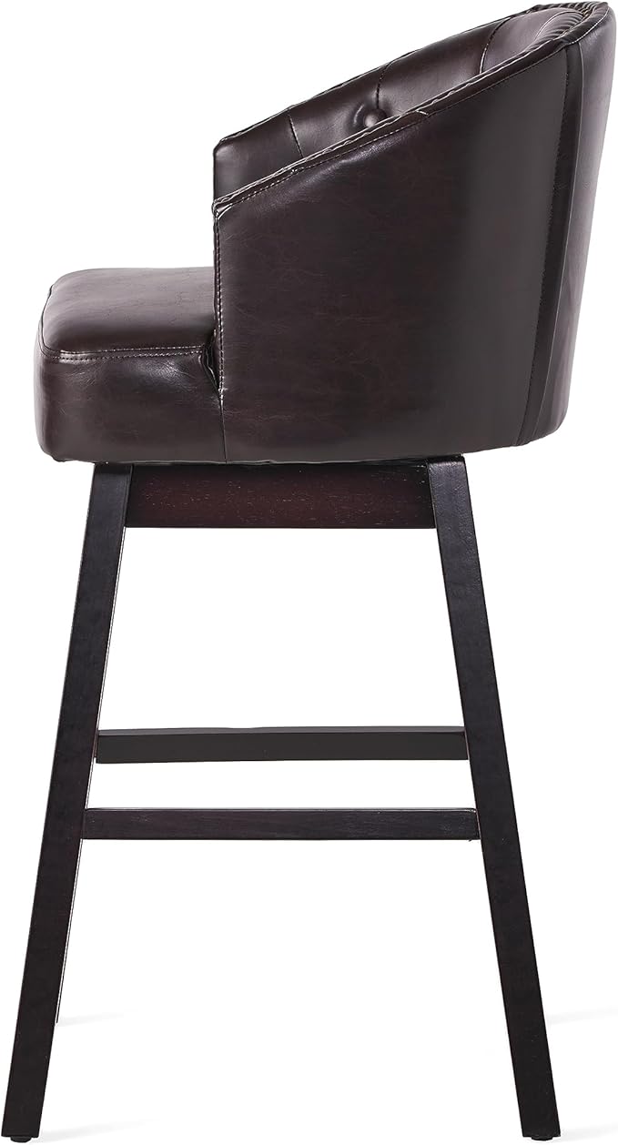 Set of 2 Brown Bar Stools with 360-Degree Swivel, Nailhead Trim & Button-Tufted PU Fabric, Rubberwood Frame for Kitchen Island, Home Bar, and Living Area