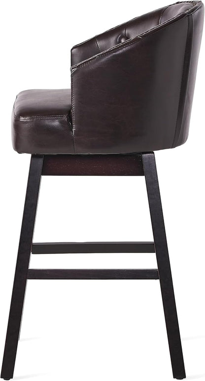 Set of 2 Brown Bar Stools with 360-Degree Swivel, Nailhead Trim & Button-Tufted PU Fabric, Rubberwood Frame for Kitchen Island, Home Bar, and Living Area