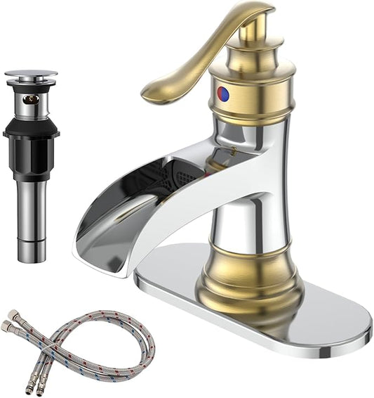 BWE Bathroom Faucet Waterfall Single Handle Chrome and Gold Vanity with Pop Up Drain Stopper with Overflow One Hole Lever Bath Sink Basin Restroom Mixer Tap Commercial Supply Line