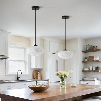 Large Milk Glass Pendant Lights Mid Century Modern Globe Pendant Lighting Black Industrial Pendant Lights Kitchen Island Vintage Ribbed Glass Ceiling Light (2 Pack)