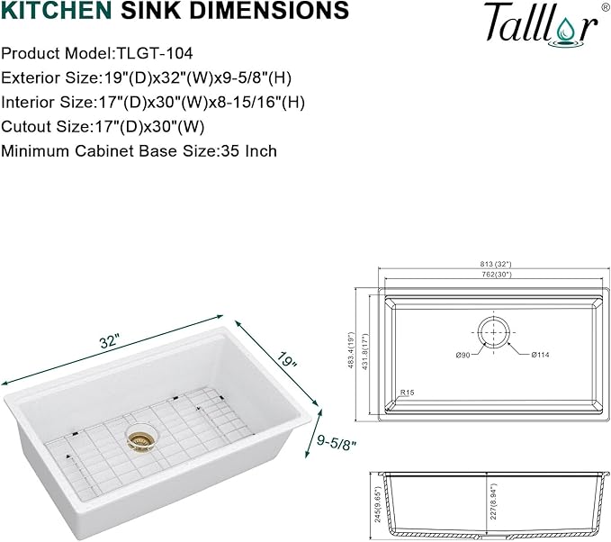 Granite kitchen Sink - 32 Inch White Undermount Kitchen Sink Workstation Single Bowl White Quartz Composite Sinks Basin with Gold Drain Assembly, 32"x19" #TLGU-104