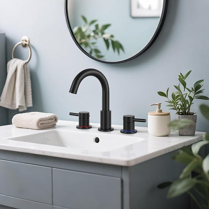 Bathroom Faucet 3 Hole, Matte Black Bathroom Sink Faucet with Pop Up Drain, 8 inch Widespread Bathroom Faucet with 360° Swivel Spout, 2 Handle Vanity Faucet with Water Supply Hoses