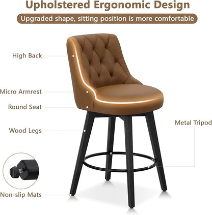 Vipbear Swivel Bar Stools Set of 2, Updated Thickened Faux Leather Counter Height Barstools with Backs, Solid Wood Legs, 26" Modern Bar Height Stools for Kitchen Island, Dining Room, Brown Seat