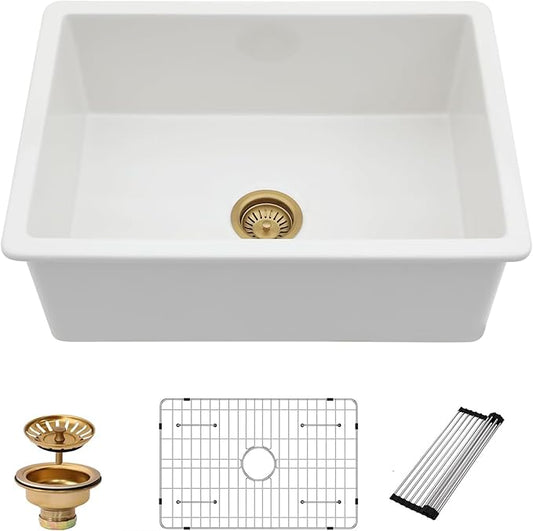 Kichae 27 Inch White Undermount Sink Fireclay 27x19 Inch Dual Drop in & Undermount Kitchen Sink Single Bowl Deep Porcelain Ceramic