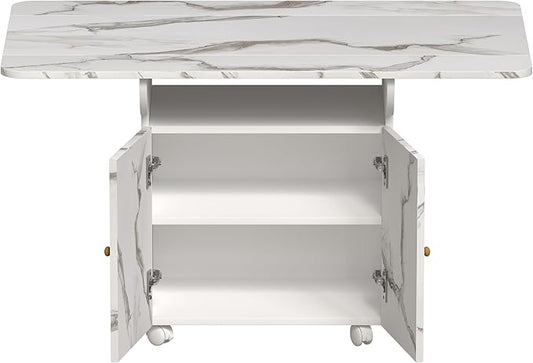 Modern Dining Table with Cabinet and Removable Wheels, Multi-Functional Kitchen Island, Side Table, Coffee Table, Console, Adjustable Design,White-MDF-2