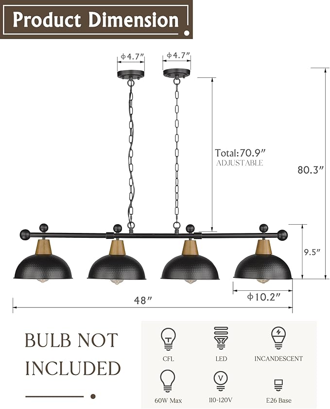 FEMILA 4-Light Pool Table Lights for 7ft/8ft Table, 48" Modern Billiard Llight Kitchen Island Light, Hanging Pool Table Lamp for Game Room,Kitchen, Bar, Coffee Shop, 4FG60-4LP BK