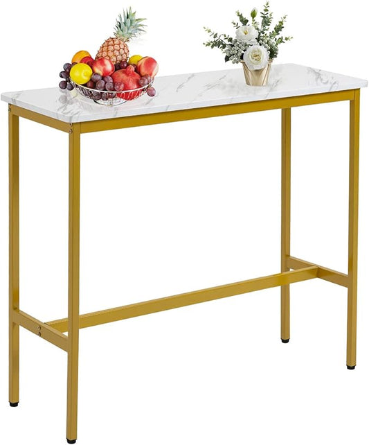 44.5" Bar Table, Pub Table with Adjustable Feet Floor Protector, Narrow Rectangular Kitchen Counter Bar Tables, Sofa High Top Bar Tables with Gold Metal Legs, White