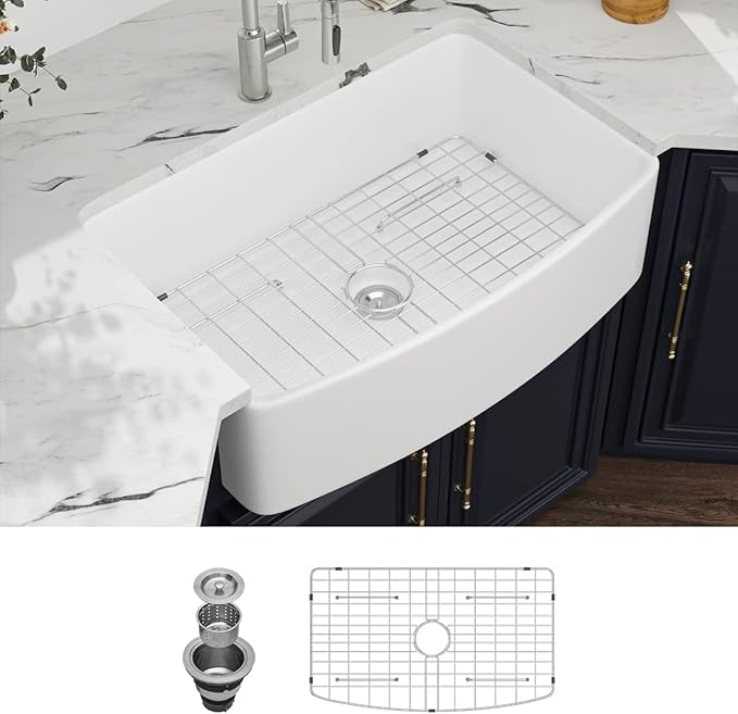 33 White Farmhouse Kitchen Sink Arched Apron - Kichae 33 Inch Kitchen Sink Apron Front White Fireclay Ceramic Porcelain Single Bowl Farm Style Kitchen Sinks Basin