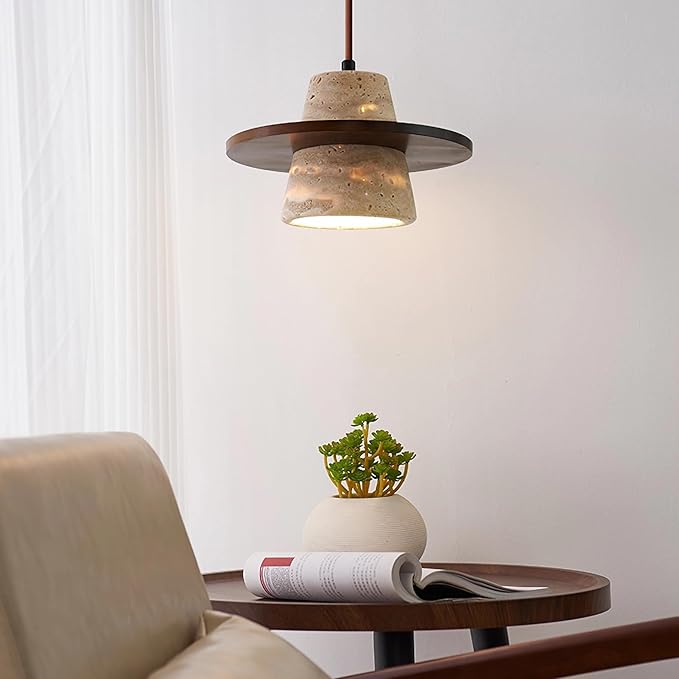 Japanese Wabi sabi Pendant Light with Natural Stone Shade, Dimmable Modern Wood Hanging Lamp Fixture, Adjustable Height Pendant Lamp for Bedroom, Kitchen Island, Dining Room, Restaurant, Cafe, Bar (J)