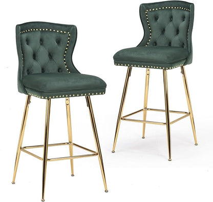 Stools Set of 2, Velvet Counter Height with Metal Legs, Button Tufted and Nailheads Trim, Wing-Back Chairs for Kitchen Island Dining Room Pub, Green