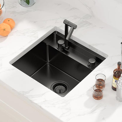 Sarlai Black Undermount Bar Sink With Foldable Faucet - 18x18 Inch Outdoor Black Kitchen Sink RV Workstation 16 Gauge Stainless Steel Single Bowl Handmade Outdoor BBQ Sinks with Lid