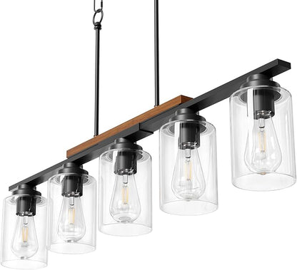 VONLUCE Dining Room Light Fixture Over Table, 5-Light Kitchen Island Lighting with Glass Shade and Adjustable Rods, Farmhouse Linear Chandelier Pendant Light for Kitchen Living Room, Matte Black