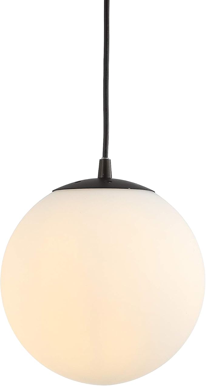 JONATHAN Y 7.75" White/Oil Rubbed Bronze Modern Globe LED Pendant Light, Industrial Hanging Ceiling Lamp for Kitchen Island, White Glass Globe Shade, LED Bulb Included (JYL9528B)