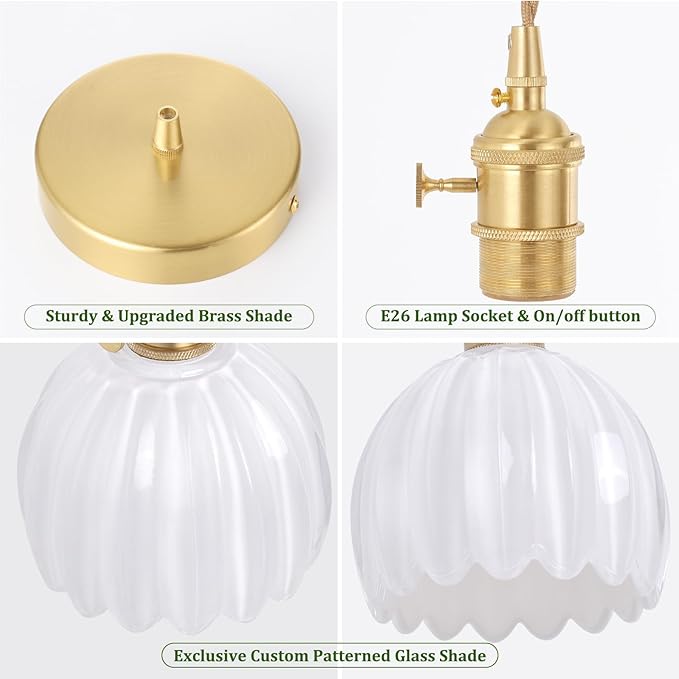 Shenmoyl Pendant Light 2 Pack with White Tulip Glass Lmapshade, Brass Vintage Pendant Light Adjustable Hanging Light for Kitchen Island Dining Room Hallway