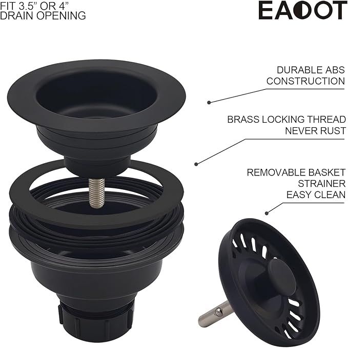 EADOT 3-1/2 Inch Polymer Black Sink Drain Assembly with Basket Strainer and Stopper for Quartz, Granite or Fireclay Kitchen Sinks