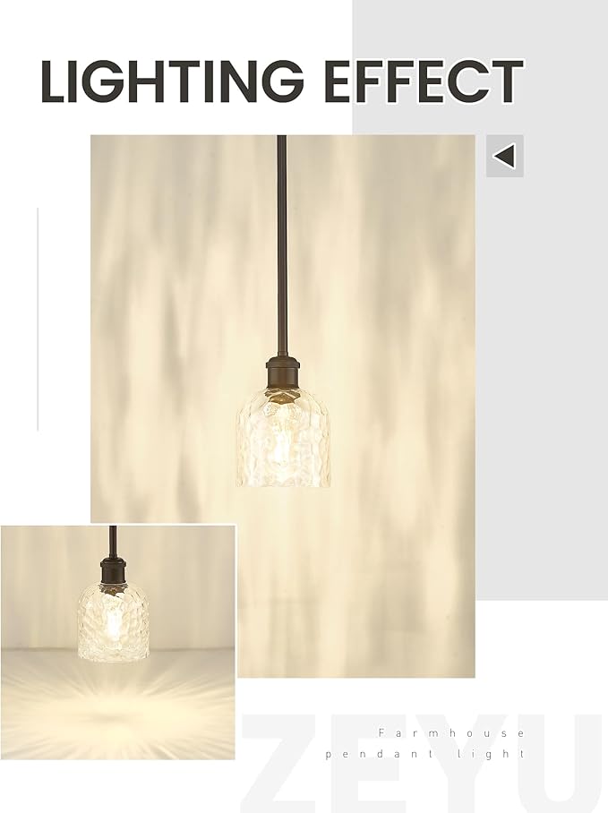 zeyu Farmhouse Hanging Light Fixture, Kitchen Island Pendant Lights, 1-Light Adjustable Hanging Light with Clear Hammered Glass, Oil Rubbed Bronze Finish, ZJF63MIL ORB