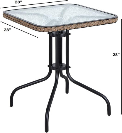 BTEXPERT Set of 2, Indoor Outdoor 28" Square Tempered Glass Metal Restaurant Table Brown Rattan Trim
