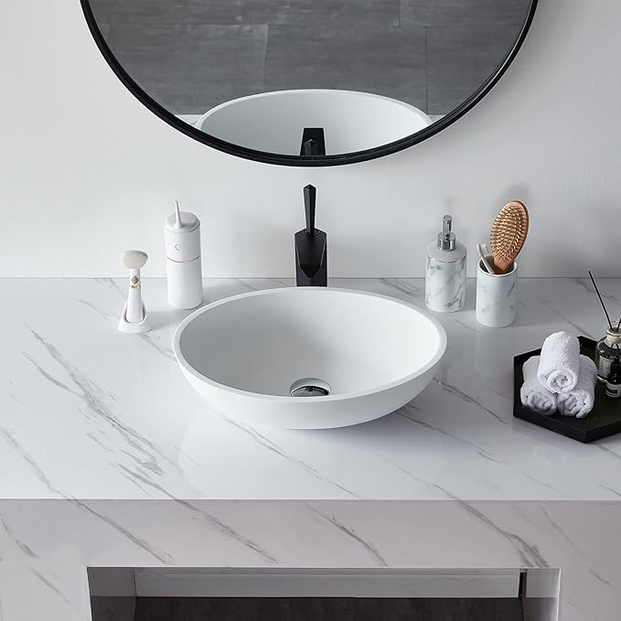 Cpingao 20" X 14" Oval Solid Surface Matte White Vessel Sink and Pop Up Drain Combo Egg Shape Above Counter Bathroom Vanity Bowl Sink, 2223