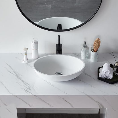 Cpingao 20" X 14" Oval Solid Surface Matte White Vessel Sink and Pop Up Drain Combo Egg Shape Above Counter Bathroom Vanity Bowl Sink, 2223