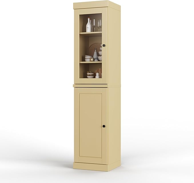 Palace Imports Solid Wood Kitchen Pantry - Narrow Storage Cabinet - 16.5" Wide x 71.5" Tall - 1 Raised Panel & 1 Glass Door, Adjustable Shelves, Yellow, 100% Eco-Friendly Wood, Modular Cabinets