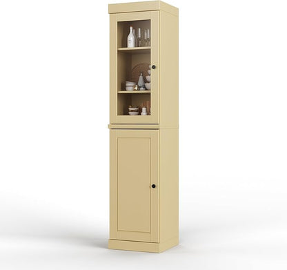 Palace Imports Solid Wood Kitchen Pantry - Narrow Storage Cabinet - 16.5" Wide x 71.5" Tall - 1 Raised Panel & 1 Glass Door, Adjustable Shelves, Yellow, 100% Eco-Friendly Wood, Modular Cabinets
