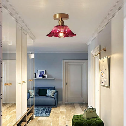 Glass Flower Ceiling Light Purple Red Hallway Light Fixtures Vintage Gold Floral Glass Semi Flush Mount Ceiling Light Farmhouse Close to Ceiling Light for Entryway Porch Bathroom Balcony