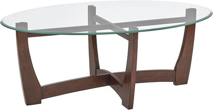 48" Oval Coffee Tables, Modern Center Table with Tempered Glass Tabletop Cross and Solid Wood Base, Small Space Coffee Table for Living Room Cherry