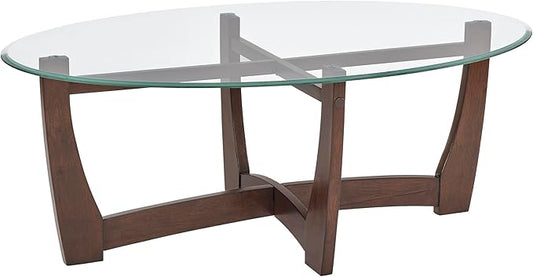 48" Oval Coffee Tables, Modern Center Table with Tempered Glass Tabletop Cross and Solid Wood Base, Small Space Coffee Table for Living Room Cherry