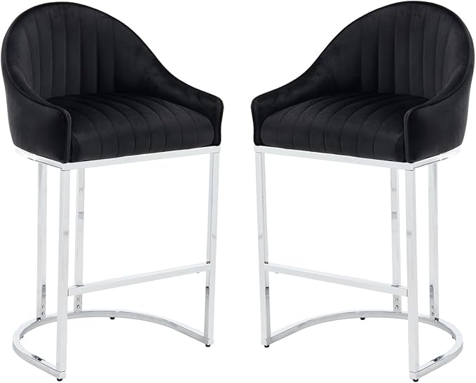 Bar Stools Set of 2, Simple Modern Style, with Velvet upholstered Back Sliver Metal Legs Footrest for Bar, Living Room, Side Chair of Kitchen Island (Black)