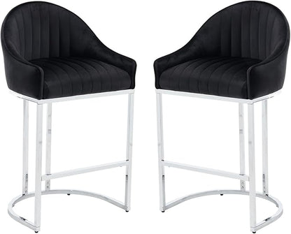 Bar Stools Set of 2, Simple Modern Style, with Velvet upholstered Back Sliver Metal Legs Footrest for Bar, Living Room, Side Chair of Kitchen Island (Black)