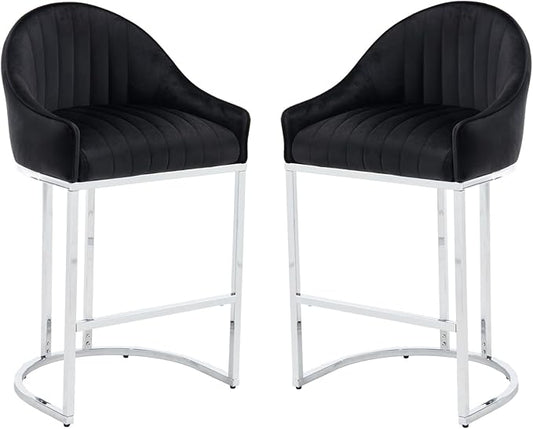 Bar Stools Set of 2, Simple Modern Style, with Velvet upholstered Back Sliver Metal Legs Footrest for Bar, Living Room, Side Chair of Kitchen Island (Black)