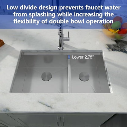 Dcolora 36 In. Undermount Double Bowl Kitchen Sink, 60/40 Low Divide Workstation, 16 Gauge 304 Stainless Steel Sink, 36" x 19" x 10" #DC-U7739