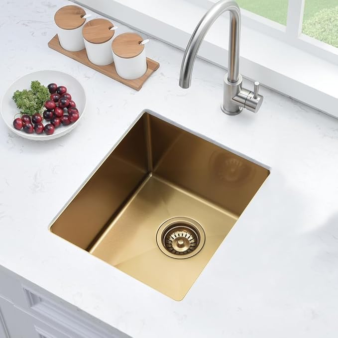Gold Bar Sink, 13 x 15 Inch Undermount Kitchen Sink Small Wet Bar Prep 16 Gauge Stainless Steel RV Kitchen Single Bowl Basin