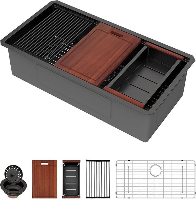 Sarlai 36 Matte Black Undermount Kitchen Sink - 36x19 Inch Black Kitchen Sink Workstation with Ledge NANO-Tech Stainless Steel Single Bowl Round Corner 16 Gauge Sinks Basin