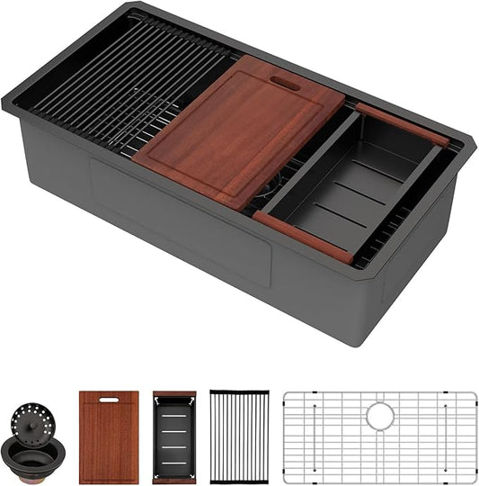 Sarlai 36 Matte Black Undermount Kitchen Sink - 36x19 Inch Black Kitchen Sink Workstation with Ledge NANO-Tech Stainless Steel Single Bowl Round Corner 16 Gauge Sinks Basin