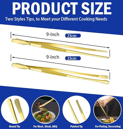 JETKONG 2 Pcs 9-Inch Cooking Tweezers Stainless Steel Food Tweezers Kitchen Tweezer Tongs (Gold)